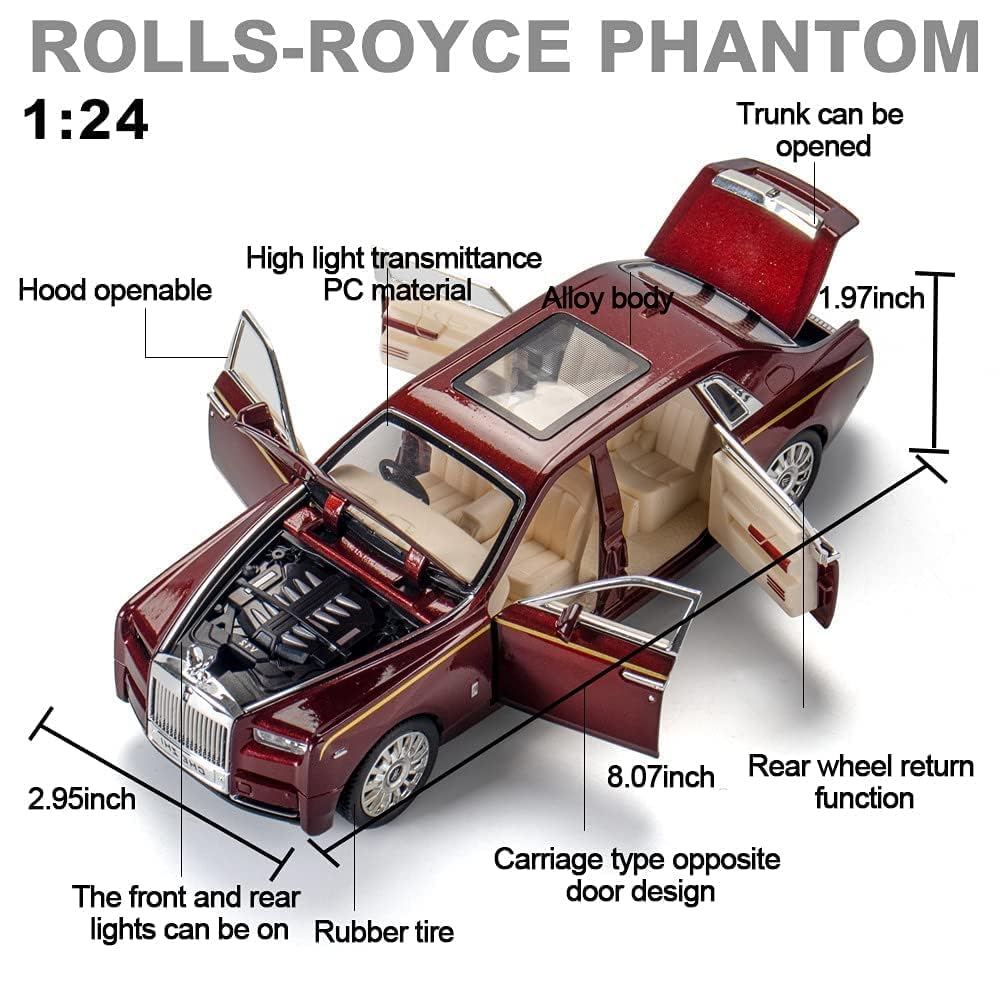 Model of a Rolls-Royce Phantom with open doors and trunk, showing features and dimensions.