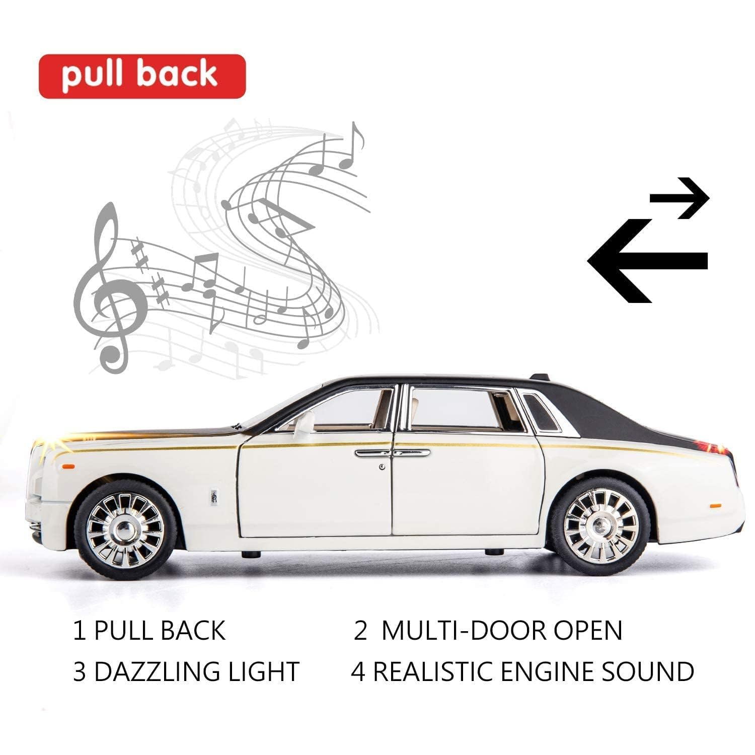 Toy car with pull-back feature, dazzling light, multi-door open, and realistic engine sound on a white background.