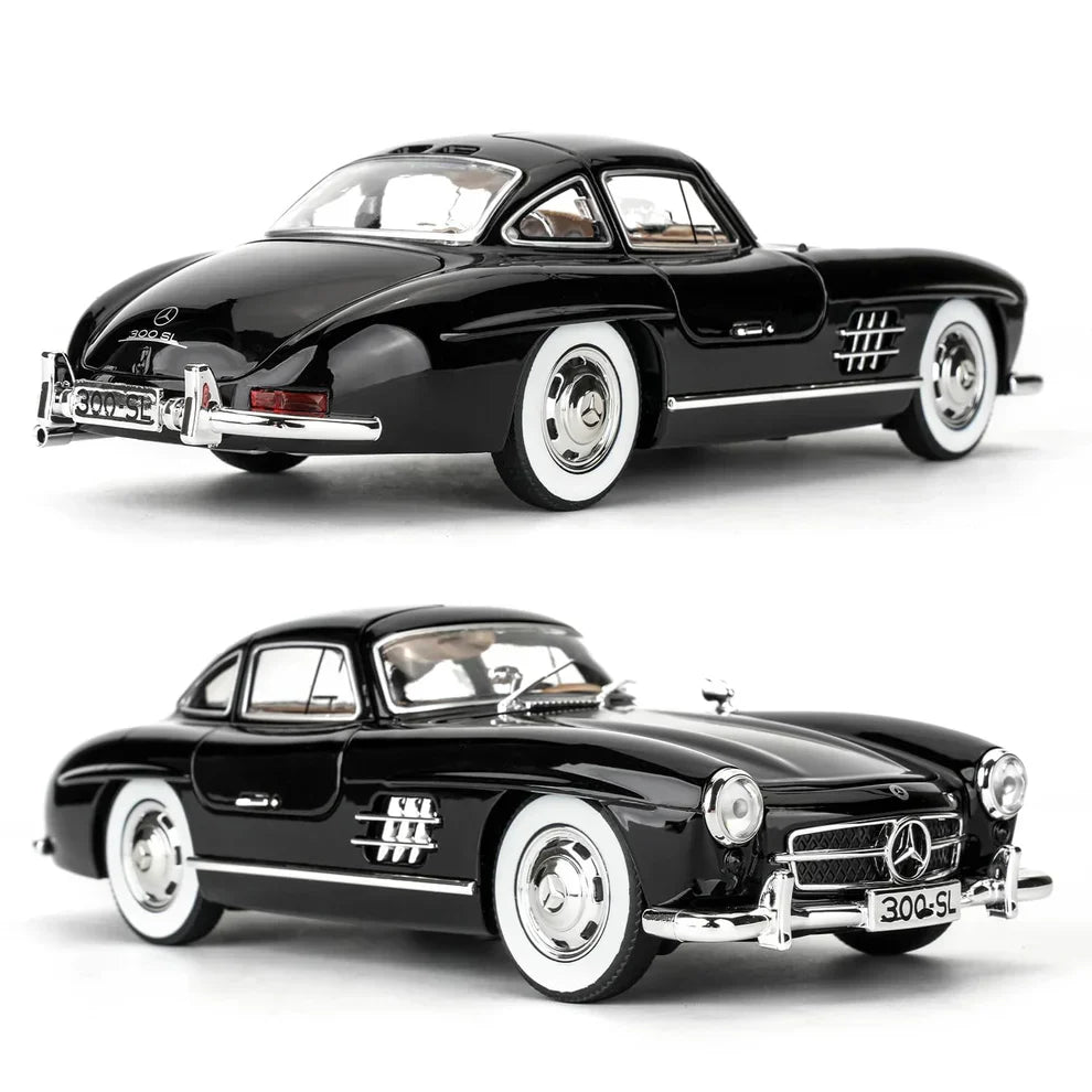 Two views of a classic black Mercedes-Benz car on a white background