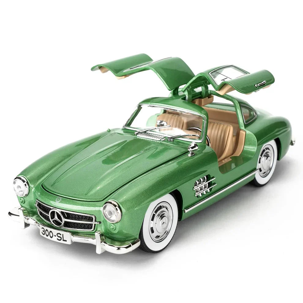 Green model car with open doors on a white background