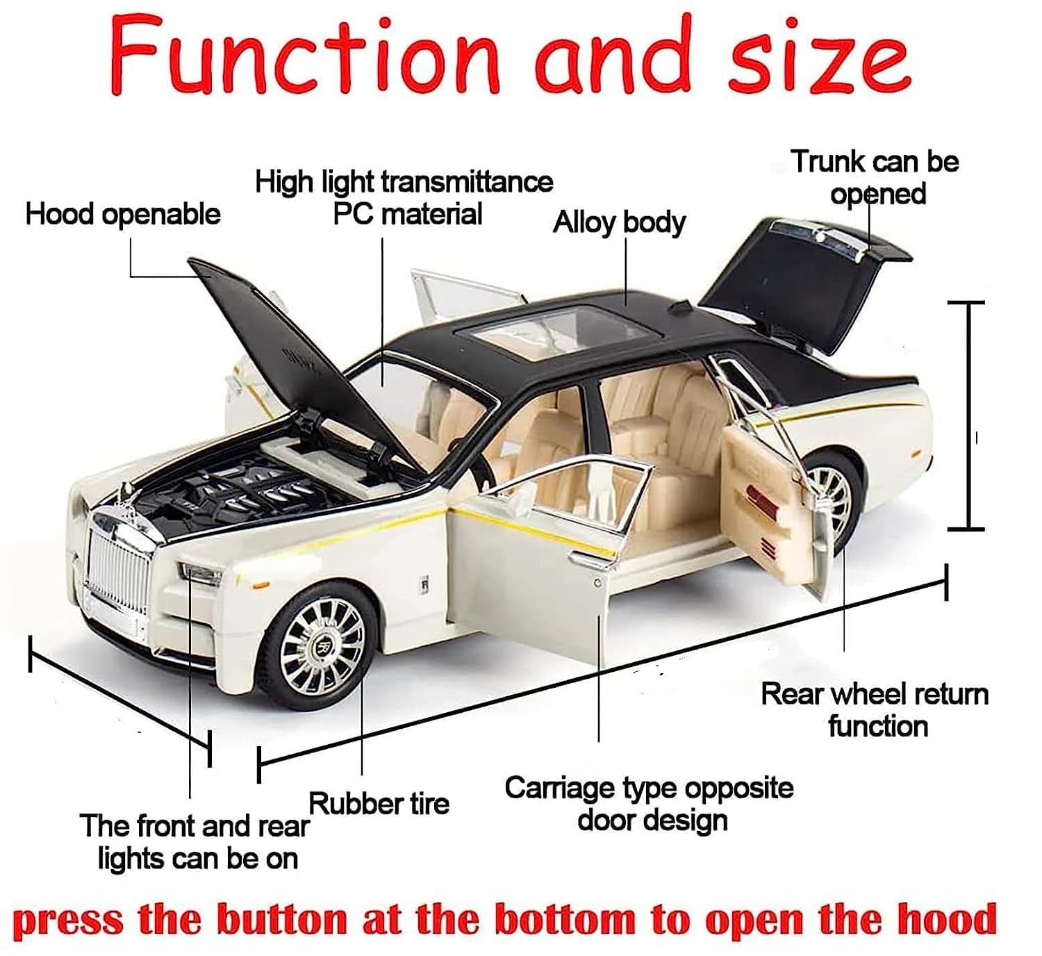 Diagram of a toy car with labeled features and dimensions.